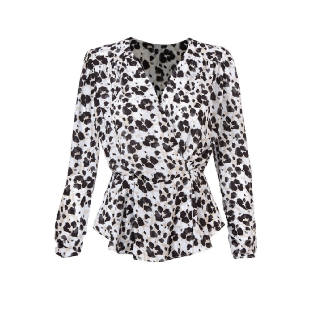 CAbi Rosette Blouse - wrap style - Black and White - size XS